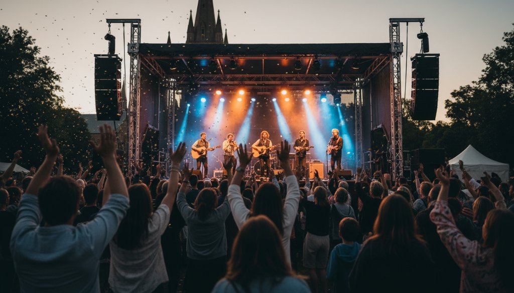 A wide-angle, vibrant photograph of an 'epic moment' at a bustling community festival in Wangaratta, featuring a band performing on stage bathed in colourful spotlights, and a diverse crowd cheering enthusiastically, all expertly captured by Wangaratta Victoria Event Photography Experts with dramatic lighting and professional colour grading.
