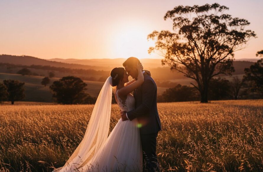An enchanting wide shot capturing a newly married couple embracing beneath a grand, ancient gum tree at sunset, bathed in golden light, epitomizing Wangaratta wedding photography timeless country charm. Their joyful expressions and the stunning rural landscape create an unforgettable, cinematic moment.