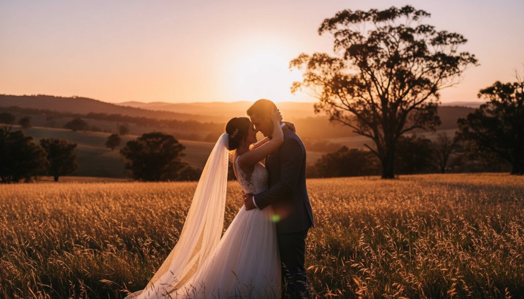 An enchanting wide shot capturing a newly married couple embracing beneath a grand, ancient gum tree at sunset, bathed in golden light, epitomizing Wangaratta wedding photography timeless country charm. Their joyful expressions and the stunning rural landscape create an unforgettable, cinematic moment.