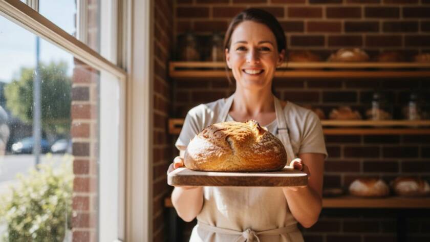An epic moment captured: A dynamic, dramatically lit advertisement photograph showing a local Wantirna cafe owner proudly presenting a freshly brewed flat white, with subtle hints of the vibrant Wantirna community in the softly blurred background, embodying Wantirna advertising photography elevating local brands.