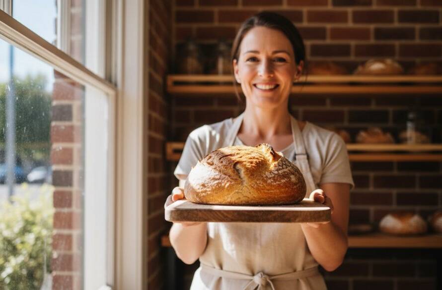 An epic moment captured: A dynamic, dramatically lit advertisement photograph showing a local Wantirna cafe owner proudly presenting a freshly brewed flat white, with subtle hints of the vibrant Wantirna community in the softly blurred background, embodying Wantirna advertising photography elevating local brands.