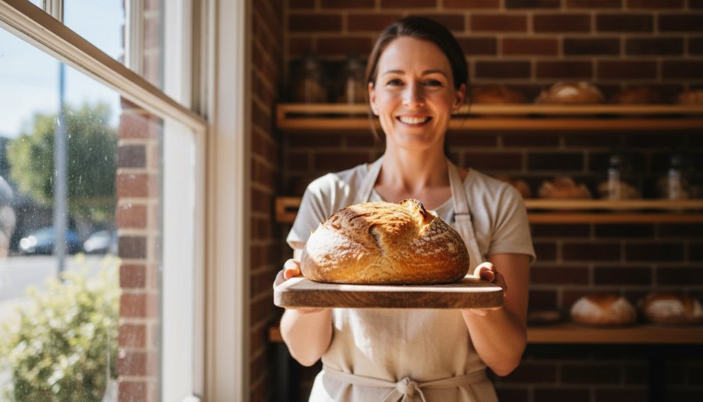 An epic moment captured: A dynamic, dramatically lit advertisement photograph showing a local Wantirna cafe owner proudly presenting a freshly brewed flat white, with subtle hints of the vibrant Wantirna community in the softly blurred background, embodying Wantirna advertising photography elevating local brands.