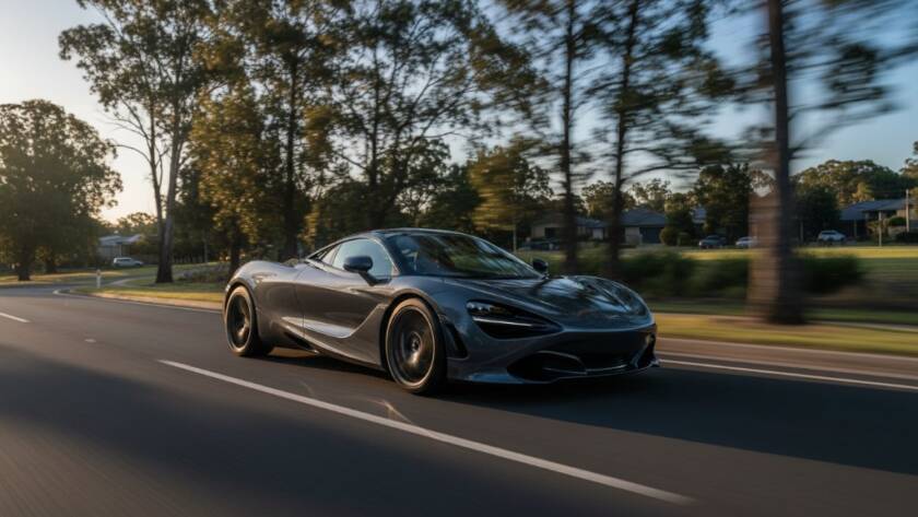 Dramatic wide-angle shot capturing a sleek, dark sports car in motion at dusk on a tree-lined road in Wantirna, Victoria, with dynamic lighting and blurred background, perfectly embodying 'Wantirna Automotive Photography Epic Shots'.