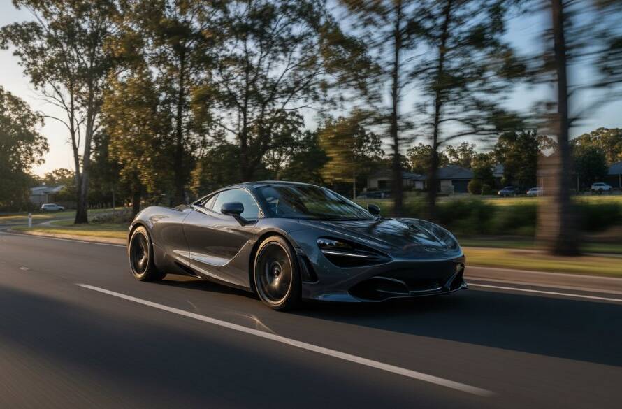 Dramatic wide-angle shot capturing a sleek, dark sports car in motion at dusk on a tree-lined road in Wantirna, Victoria, with dynamic lighting and blurred background, perfectly embodying 'Wantirna Automotive Photography Epic Shots'.