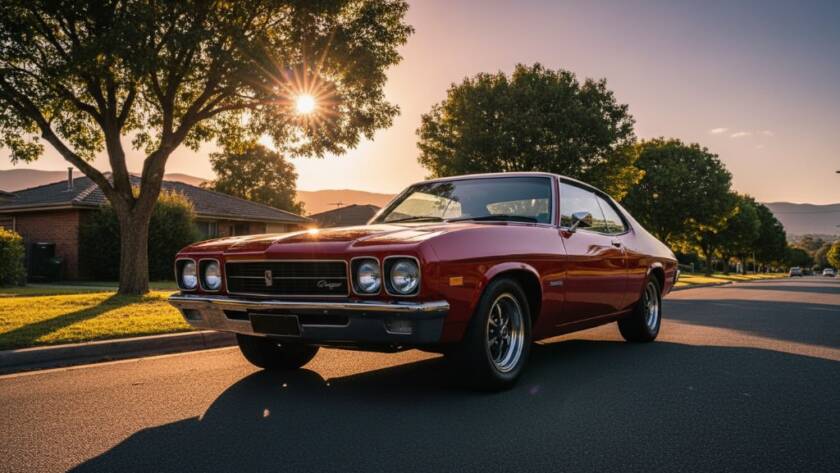 A dramatic shot of a vintage muscle car parked under a golden sunset in Wantirna, Victoria, highlighting Wantirna bespoke automotive photography Victoria, with reflections glinting on its polished chrome and deep red paintwork.