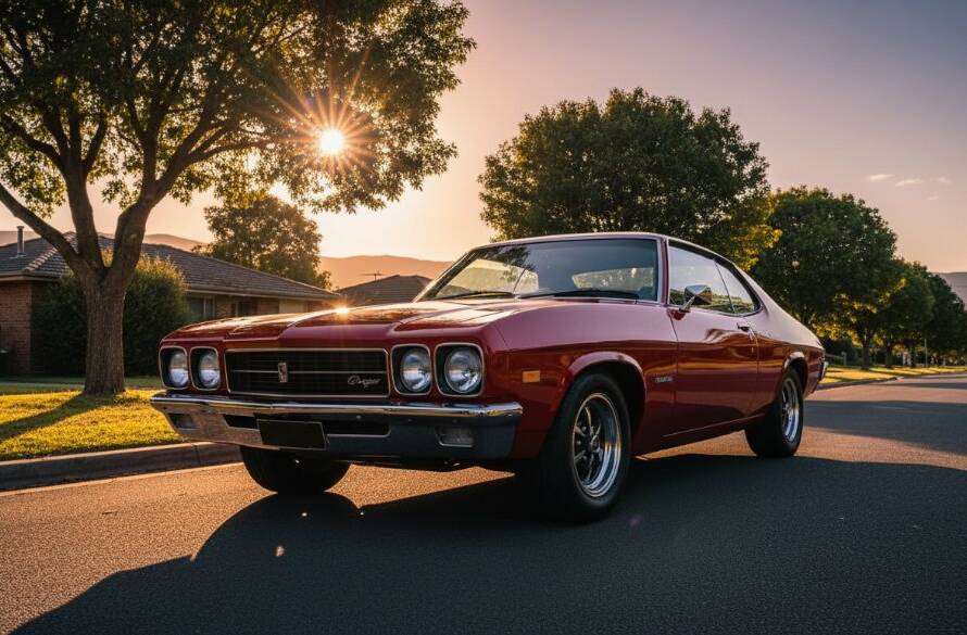 A dramatic shot of a vintage muscle car parked under a golden sunset in Wantirna, Victoria, highlighting Wantirna bespoke automotive photography Victoria, with reflections glinting on its polished chrome and deep red paintwork.