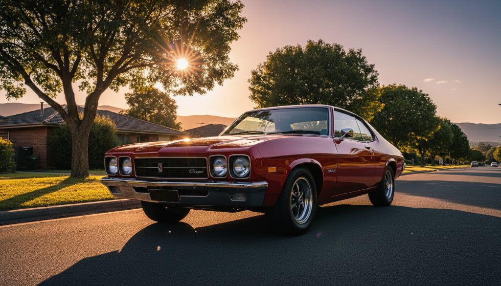 A dramatic shot of a vintage muscle car parked under a golden sunset in Wantirna, Victoria, highlighting Wantirna bespoke automotive photography Victoria, with reflections glinting on its polished chrome and deep red paintwork.