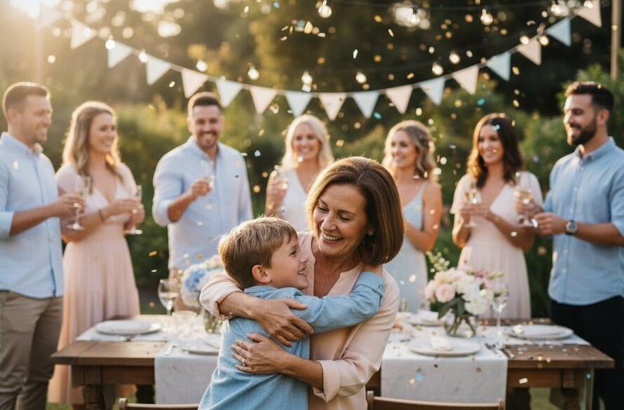 A vibrant, candid moment of pure joy at a Wantirna birthday party photography event, with guests laughing and celebrating under warm string lights, professionally captured by Image by SD.
