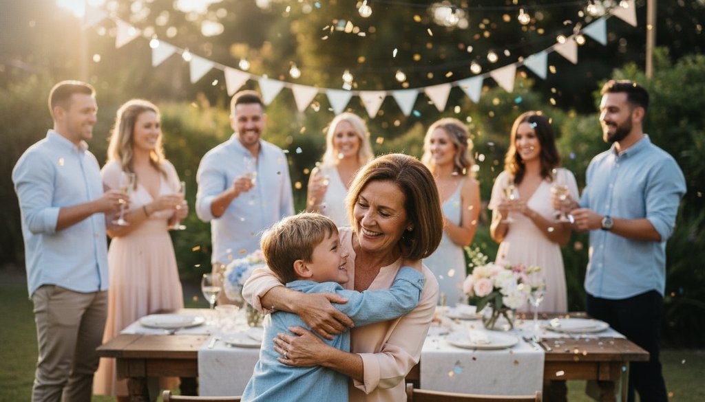 A vibrant, candid moment of pure joy at a Wantirna birthday party photography event, with guests laughing and celebrating under warm string lights, professionally captured by Image by SD.