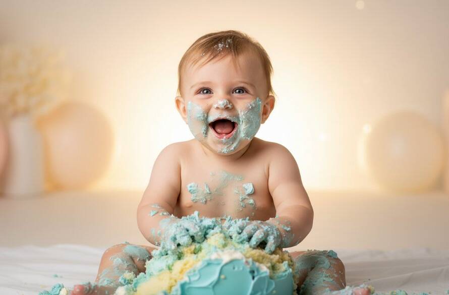 A joyous close-up of a baby during a Wantirna cake smash first birthday celebration, covered in colourful frosting, laughing heartily with dramatic backlighting and soft bokeh, capturing a truly epic moment of pure delight.