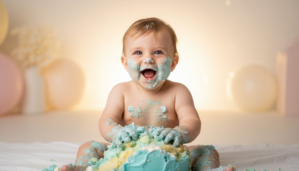 A joyous close-up of a baby during a Wantirna cake smash first birthday celebration, covered in colourful frosting, laughing heartily with dramatic backlighting and soft bokeh, capturing a truly epic moment of pure delight.