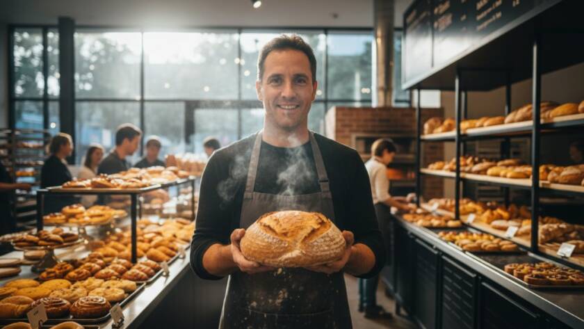 A dynamic wide-angle shot of a local Wantirna cafe owner triumphantly holding a freshly brewed coffee amidst their bustling, aesthetically pleasing shop, exemplifying Wantirna commercial photography to elevate local businesses, with rich, warm cinematic lighting and a vibrant, inviting atmosphere.