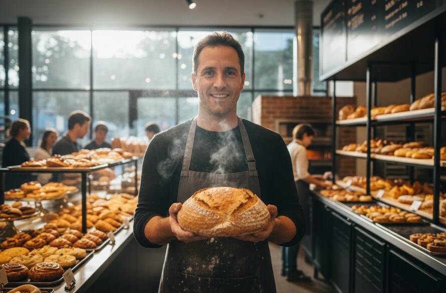 A dynamic wide-angle shot of a local Wantirna cafe owner triumphantly holding a freshly brewed coffee amidst their bustling, aesthetically pleasing shop, exemplifying Wantirna commercial photography to elevate local businesses, with rich, warm cinematic lighting and a vibrant, inviting atmosphere.