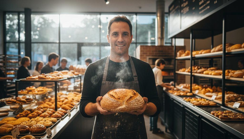 A dynamic wide-angle shot of a local Wantirna cafe owner triumphantly holding a freshly brewed coffee amidst their bustling, aesthetically pleasing shop, exemplifying Wantirna commercial photography to elevate local businesses, with rich, warm cinematic lighting and a vibrant, inviting atmosphere.