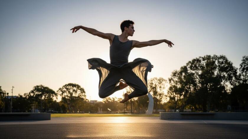 A stunning, high-contrast photograph showcasing a dancer in an epic leap against a blurred urban Wantirna backdrop, perfectly illustrating professional Wantirna Dance Photography: Capturing Movement and the raw emotion of performance.