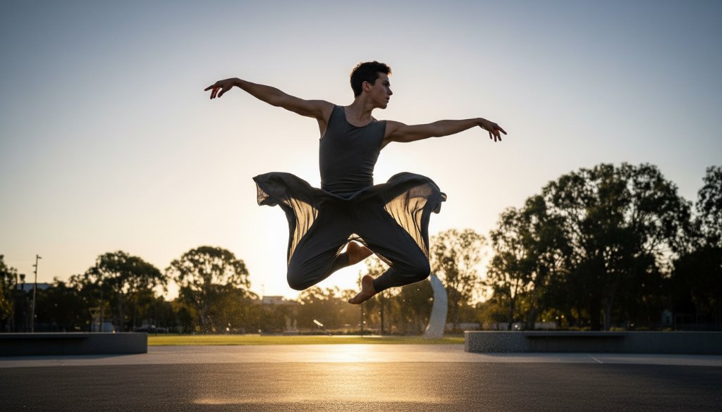 A stunning, high-contrast photograph showcasing a dancer in an epic leap against a blurred urban Wantirna backdrop, perfectly illustrating professional Wantirna Dance Photography: Capturing Movement and the raw emotion of performance.