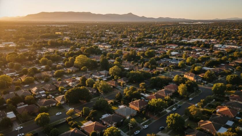 A professional drone shot capturing the vibrant sunset over a sprawling Wantirna neighbourhood, highlighting its residential charm and leafy streets from an elevated perspective, showcasing the expertise in Wantirna drone photography for breathtaking aerial views.