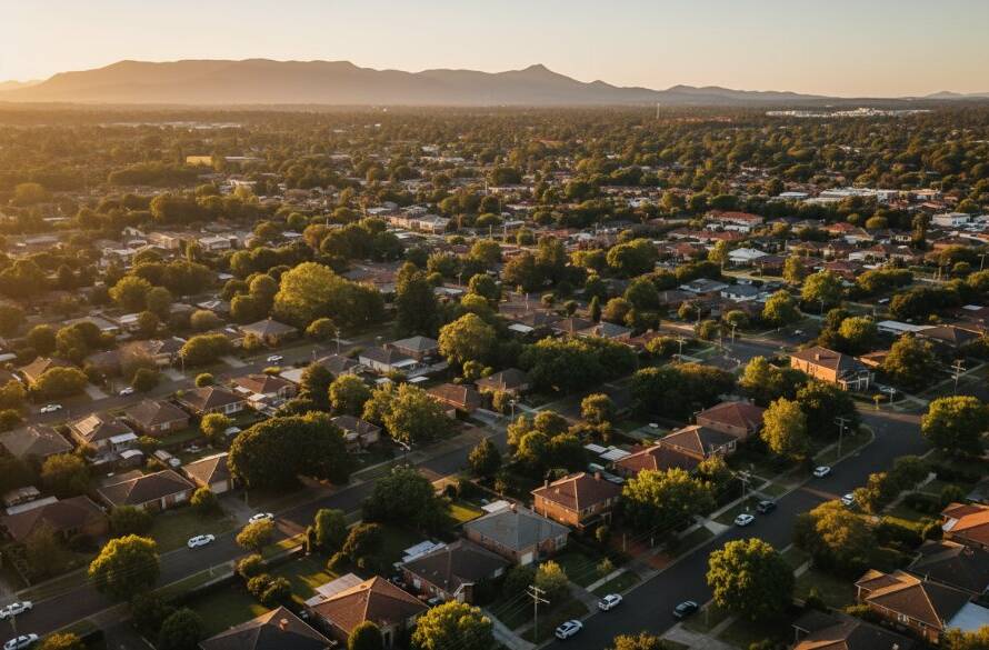 A professional drone shot capturing the vibrant sunset over a sprawling Wantirna neighbourhood, highlighting its residential charm and leafy streets from an elevated perspective, showcasing the expertise in Wantirna drone photography for breathtaking aerial views.