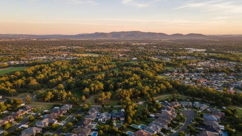 A stunning aerial panoramic view of Wantirna's green landscapes meeting suburban rooftops at sunset, expertly captured through Wantirna drone photography capturing unique aerial perspectives, with dramatic golden hour light illuminating a local park and distant Dandenong Ranges.