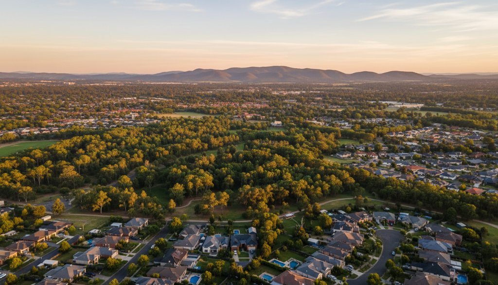 A stunning aerial panoramic view of Wantirna's green landscapes meeting suburban rooftops at sunset, expertly captured through Wantirna drone photography capturing unique aerial perspectives, with dramatic golden hour light illuminating a local park and distant Dandenong Ranges.