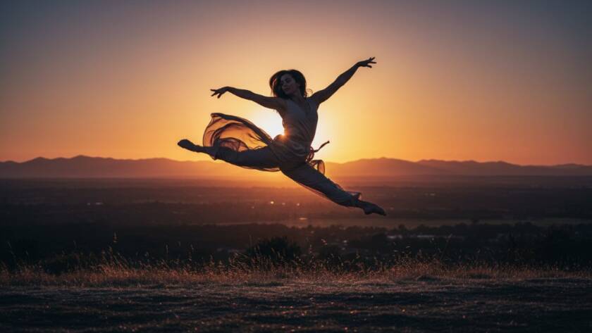A ballet dancer captured in an epic, dynamic leap against the sunset over the Dandenongs, showcasing Wantirna dynamic dance photography for local performers, with dramatic backlighting and powerful motion.