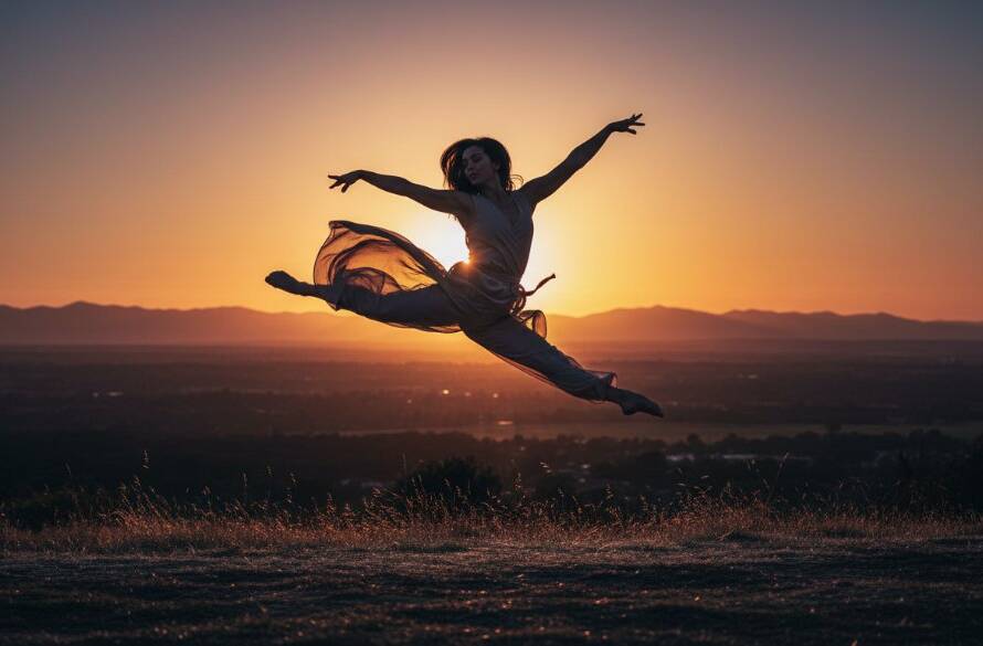 A ballet dancer captured in an epic, dynamic leap against the sunset over the Dandenongs, showcasing Wantirna dynamic dance photography for local performers, with dramatic backlighting and powerful motion.