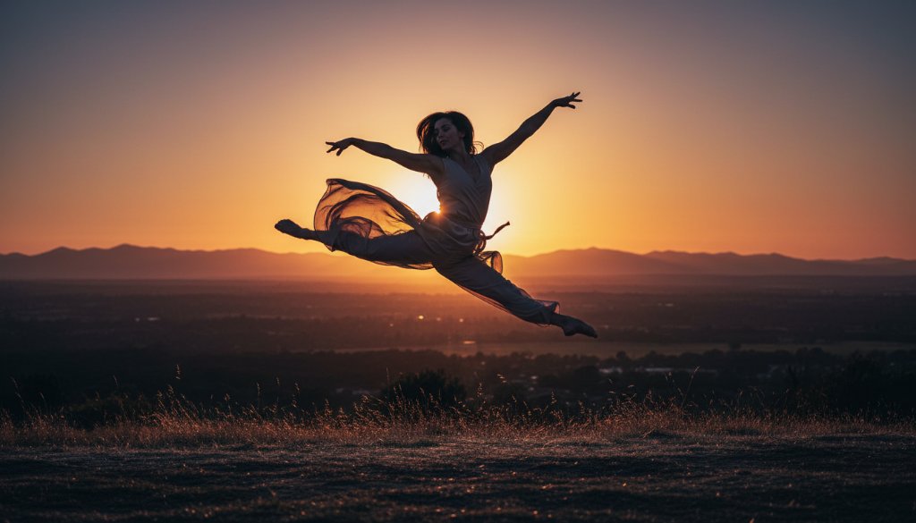 A ballet dancer captured in an epic, dynamic leap against the sunset over the Dandenongs, showcasing Wantirna dynamic dance photography for local performers, with dramatic backlighting and powerful motion.