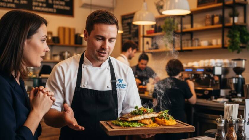 Dramatic, cinematic shot capturing a local Wantirna chef passionately explaining his signature dish in his bustling cafe kitchen, showcasing authentic Wantirna editorial photography for local businesses with professional, warm lighting.
