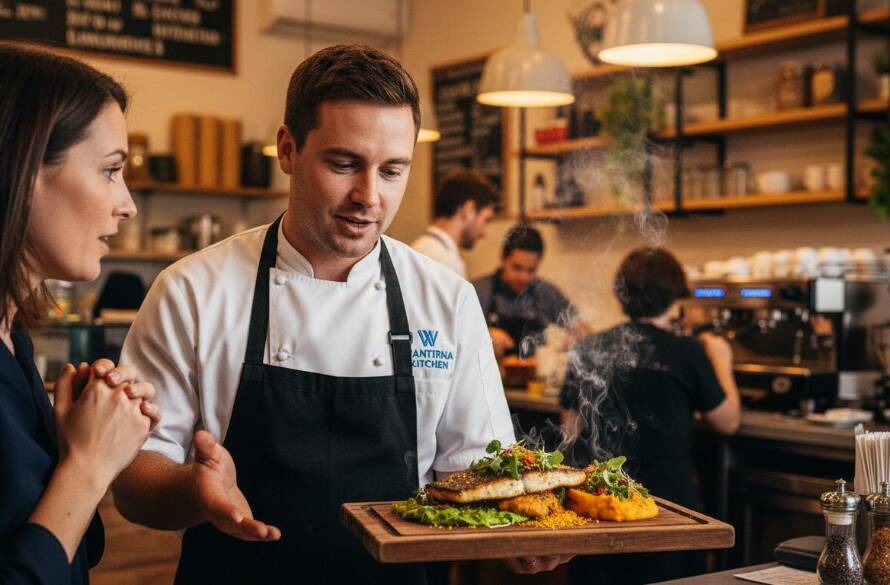 Dramatic, cinematic shot capturing a local Wantirna chef passionately explaining his signature dish in his bustling cafe kitchen, showcasing authentic Wantirna editorial photography for local businesses with professional, warm lighting.