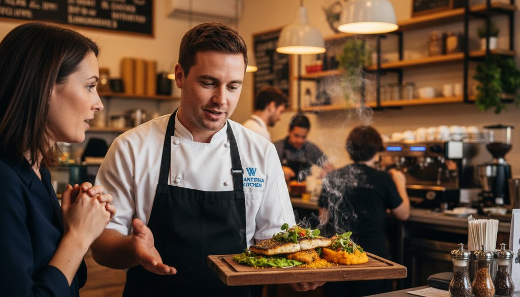 Dramatic, cinematic shot capturing a local Wantirna chef passionately explaining his signature dish in his bustling cafe kitchen, showcasing authentic Wantirna editorial photography for local businesses with professional, warm lighting.