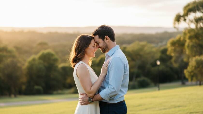 Epic moment of a loving couple embracing in soft, golden hour natural light at one of Wantirna's beautiful parks, showcasing their joy against a vibrant green backdrop, perfectly lit for stunning Wantirna engagement photography spots with natural light.