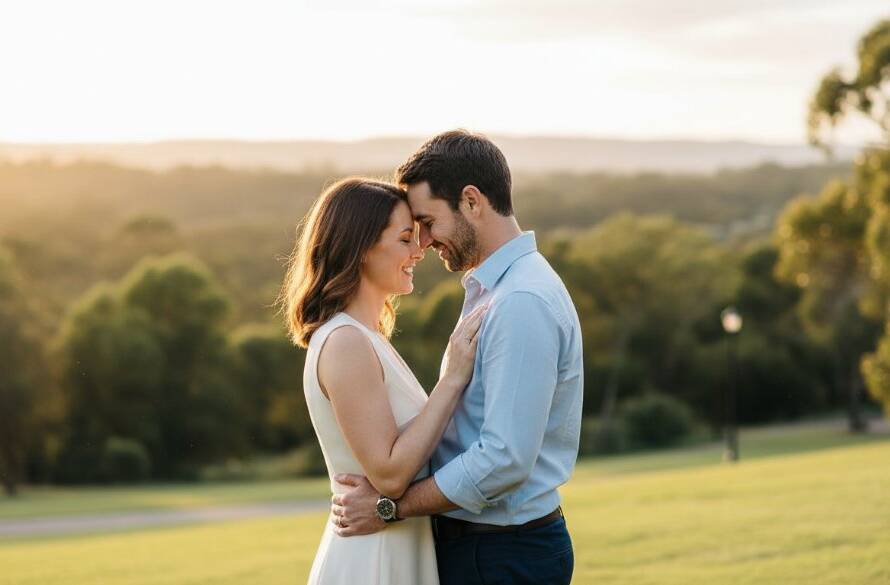 Epic moment of a loving couple embracing in soft, golden hour natural light at one of Wantirna's beautiful parks, showcasing their joy against a vibrant green backdrop, perfectly lit for stunning Wantirna engagement photography spots with natural light.