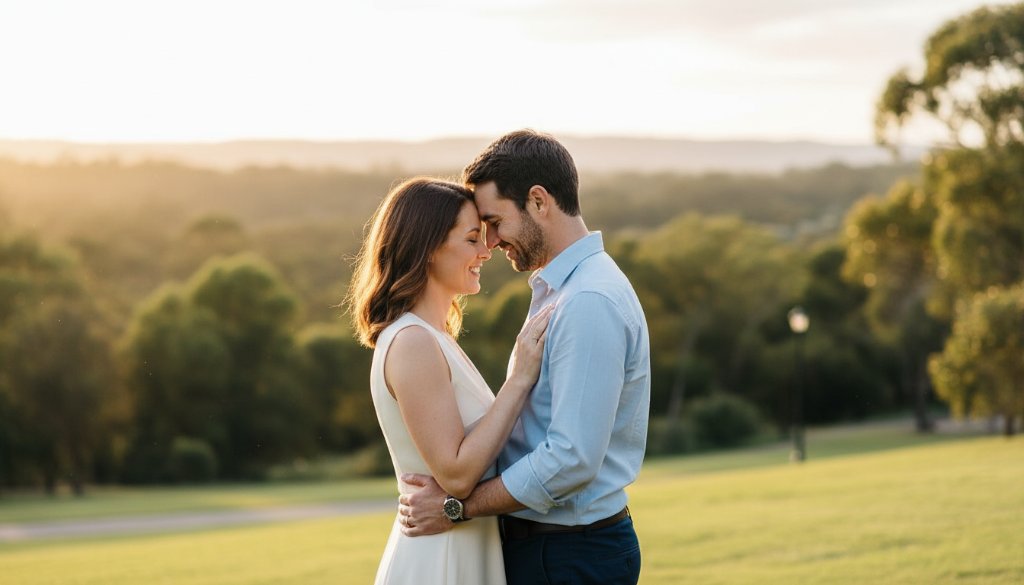 Epic moment of a loving couple embracing in soft, golden hour natural light at one of Wantirna's beautiful parks, showcasing their joy against a vibrant green backdrop, perfectly lit for stunning Wantirna engagement photography spots with natural light.