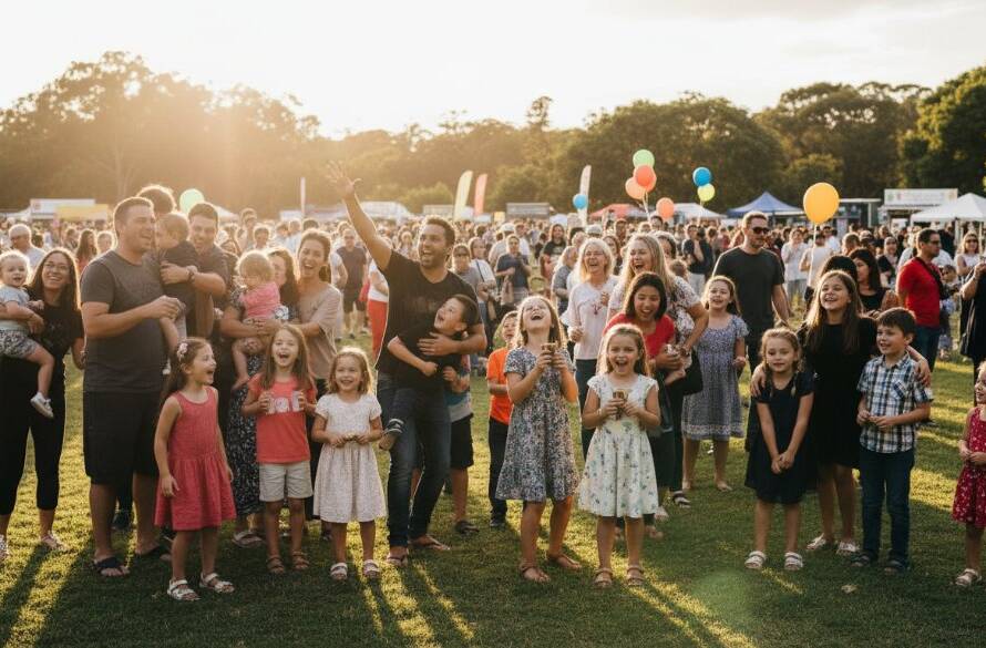 A beautifully composed, candid shot of guests laughing heartily at a community festival in Wantirna, showcasing the genuine joy captured by Wantirna event photography. Evening light, vibrant colours.