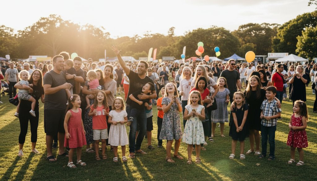 A beautifully composed, candid shot of guests laughing heartily at a community festival in Wantirna, showcasing the genuine joy captured by Wantirna event photography. Evening light, vibrant colours.