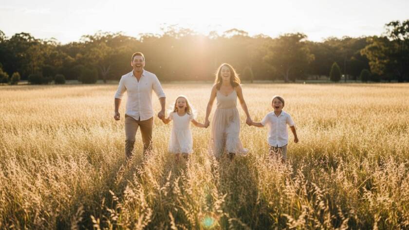An epic moment of a family laughing joyfully in golden hour light in a Wantirna park, showcasing their genuine connection through professional Wantirna family photography.