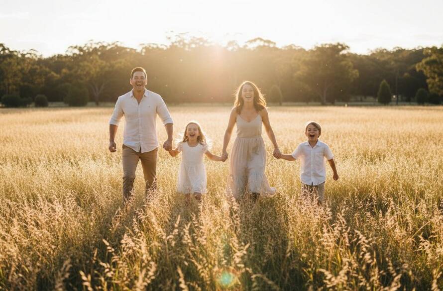 An epic moment of a family laughing joyfully in golden hour light in a Wantirna park, showcasing their genuine connection through professional Wantirna family photography.