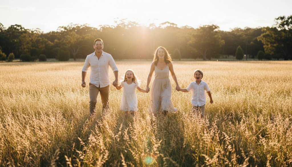 An epic moment of a family laughing joyfully in golden hour light in a Wantirna park, showcasing their genuine connection through professional Wantirna family photography.