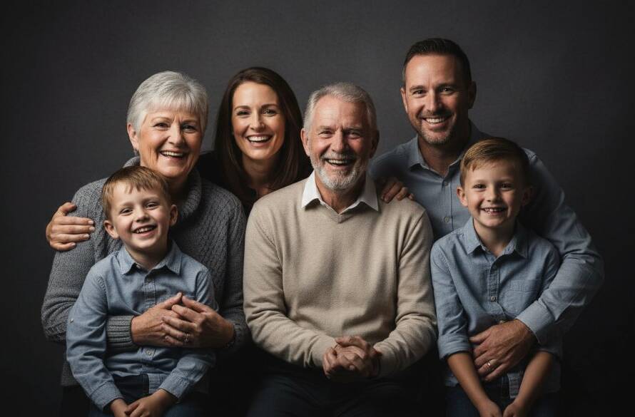 A beautifully composed, high-contrast photograph showcasing a multi-generational Wantirna family studio photography heirloom moment, with dramatic lighting highlighting their joyful connection, suitable for a professional portfolio.