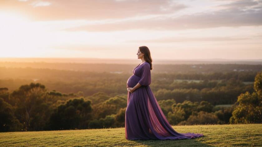 A breathtaking Wantirna Maternity Photography Sunset Glow portrait of a glowing mother-to-be, elegantly posed against a dramatic, golden Wantirna landscape at sunset, capturing an epic moment of serene anticipation.