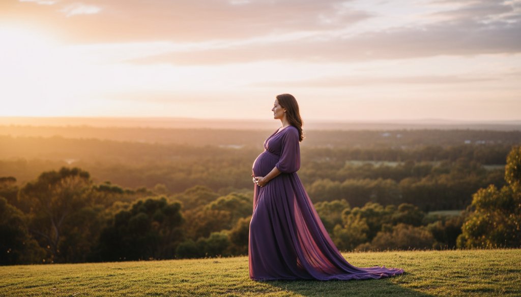A breathtaking Wantirna Maternity Photography Sunset Glow portrait of a glowing mother-to-be, elegantly posed against a dramatic, golden Wantirna landscape at sunset, capturing an epic moment of serene anticipation.