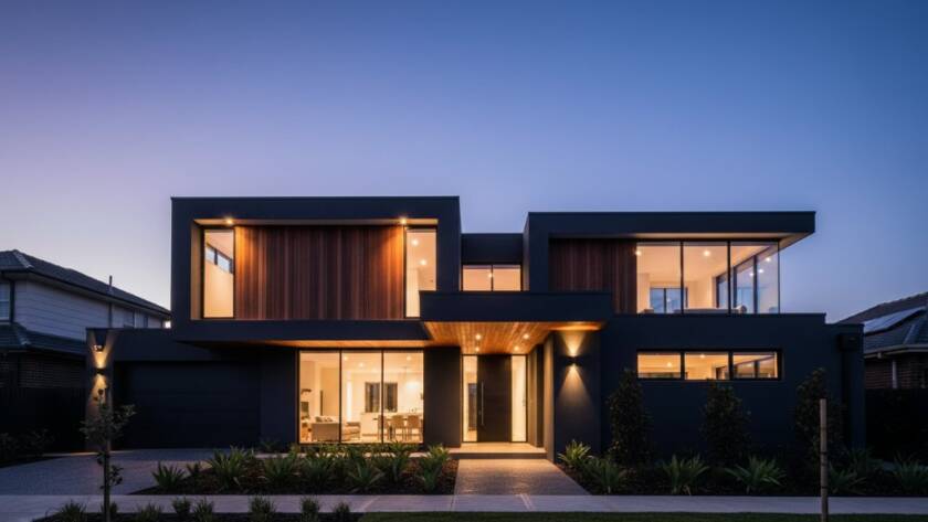 A captivating dusk photograph showcasing a modern, angular building in Wantirna, Victoria, with striking illuminated lines against a deep blue sky, perfectly embodying Wantirna modern architecture photography tips.