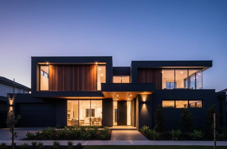A captivating dusk photograph showcasing a modern, angular building in Wantirna, Victoria, with striking illuminated lines against a deep blue sky, perfectly embodying Wantirna modern architecture photography tips.
