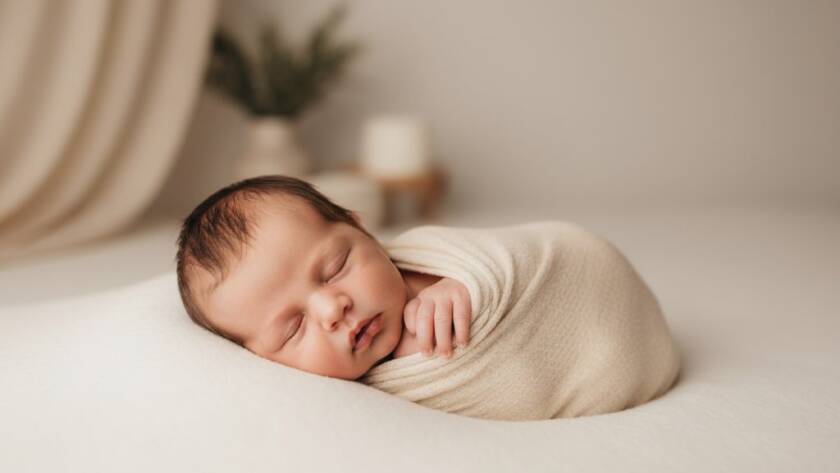 A serene Wantirna newborn photography natural light studio portrait of a sleeping baby swaddled in soft fabric, bathed in gentle window light, depicting a timeless, peaceful moment.