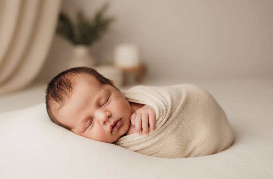 A serene Wantirna newborn photography natural light studio portrait of a sleeping baby swaddled in soft fabric, bathed in gentle window light, depicting a timeless, peaceful moment.