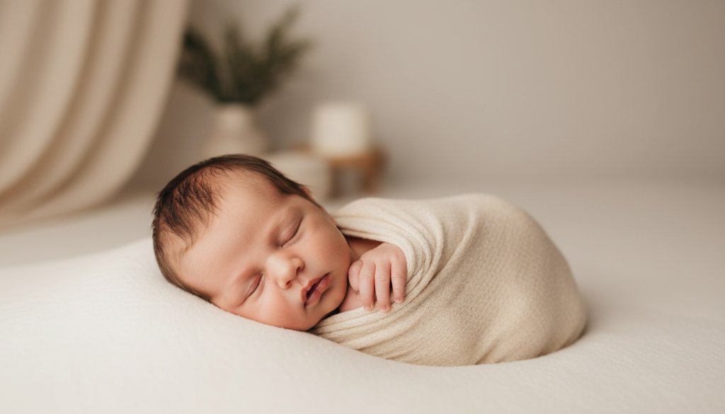 A serene Wantirna newborn photography natural light studio portrait of a sleeping baby swaddled in soft fabric, bathed in gentle window light, depicting a timeless, peaceful moment.