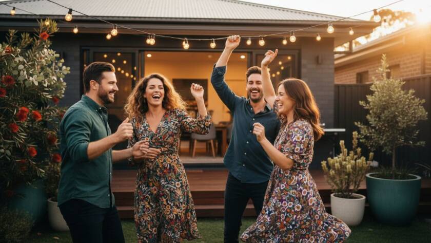 An epic moment captured by Wantirna party photography capturing genuine joy, showing friends laughing and dancing under fairy lights at a lively backyard party in Wantirna, with a warm, celebratory atmosphere and professional lighting.