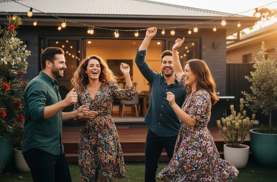 An epic moment captured by Wantirna party photography capturing genuine joy, showing friends laughing and dancing under fairy lights at a lively backyard party in Wantirna, with a warm, celebratory atmosphere and professional lighting.