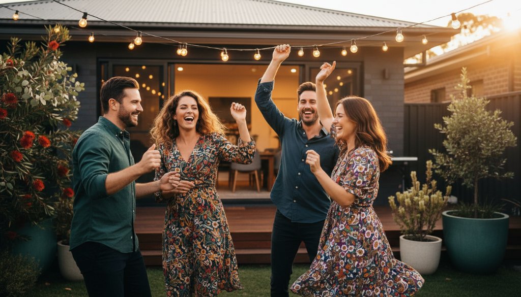 An epic moment captured by Wantirna party photography capturing genuine joy, showing friends laughing and dancing under fairy lights at a lively backyard party in Wantirna, with a warm, celebratory atmosphere and professional lighting.