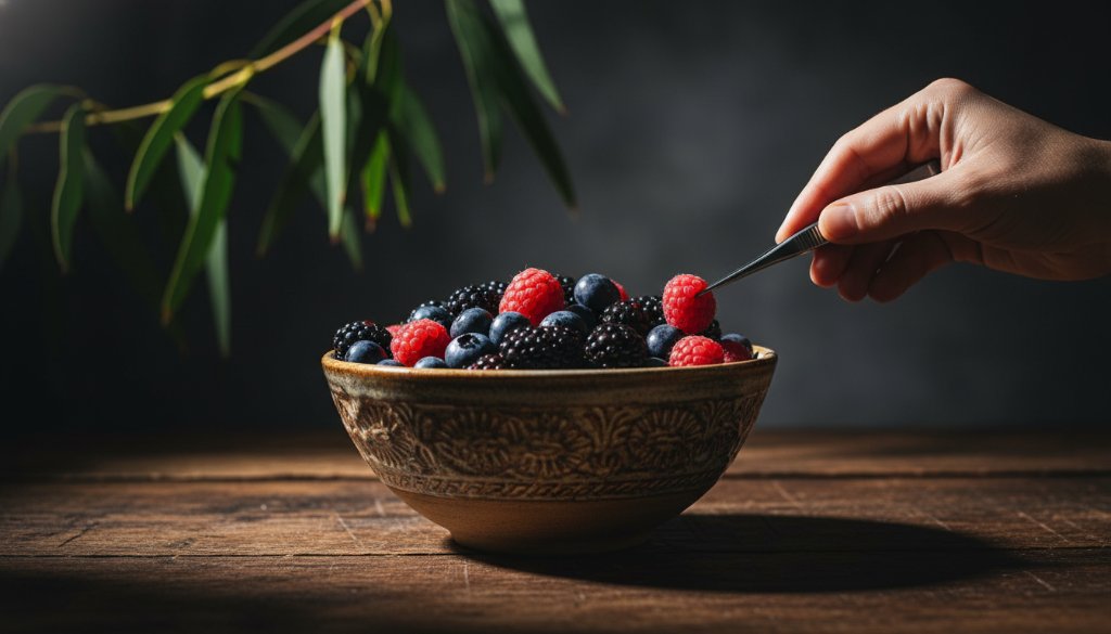 A dramatically lit, close-up photograph showcasing artisanal Wantirna product photography for local brands, with a skilled photographer's hand delicately adjusting the item under cinematic lighting, reflecting the precision and care of Image by SD.